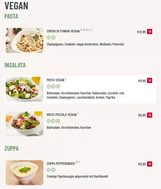 Vapiano Vegan Speisekarte