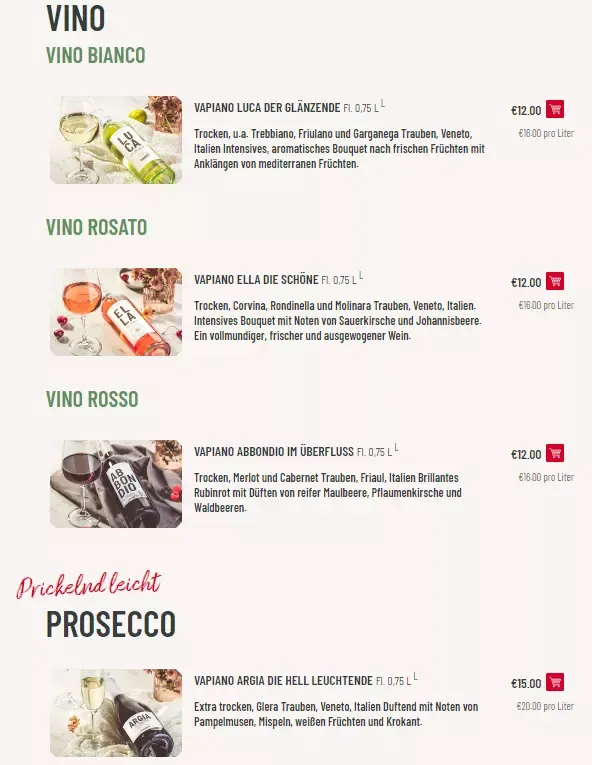 Vapiano Vino & Prosecco Preise